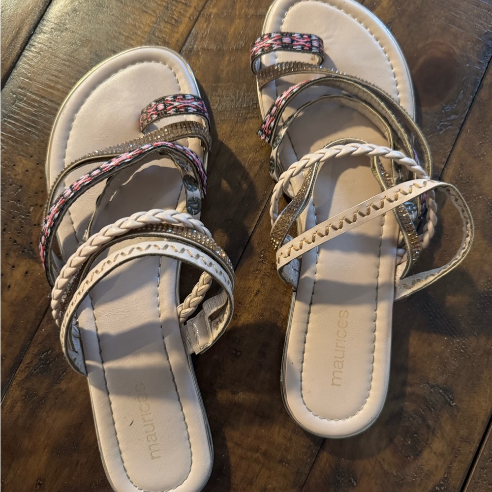 Maurices Beige and Pink Braided Multi-Strap Women's Sandals, size 8